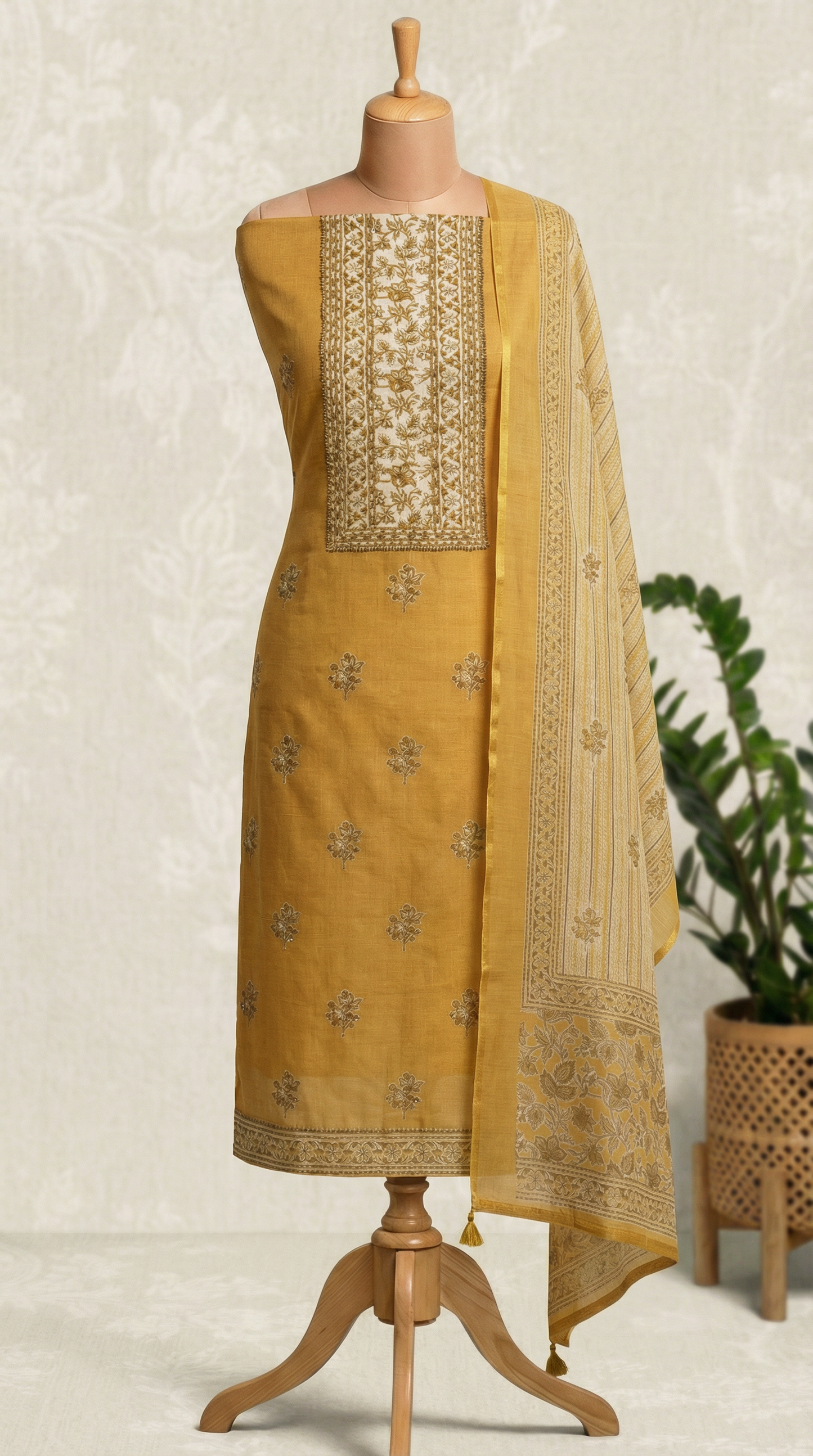 Resham Embroidery Yellow Jute Cotton Unstitched Suit Set