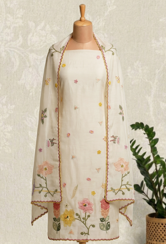 Ivory Mul With 3D Applique Embroidery Unstitched Suit Set