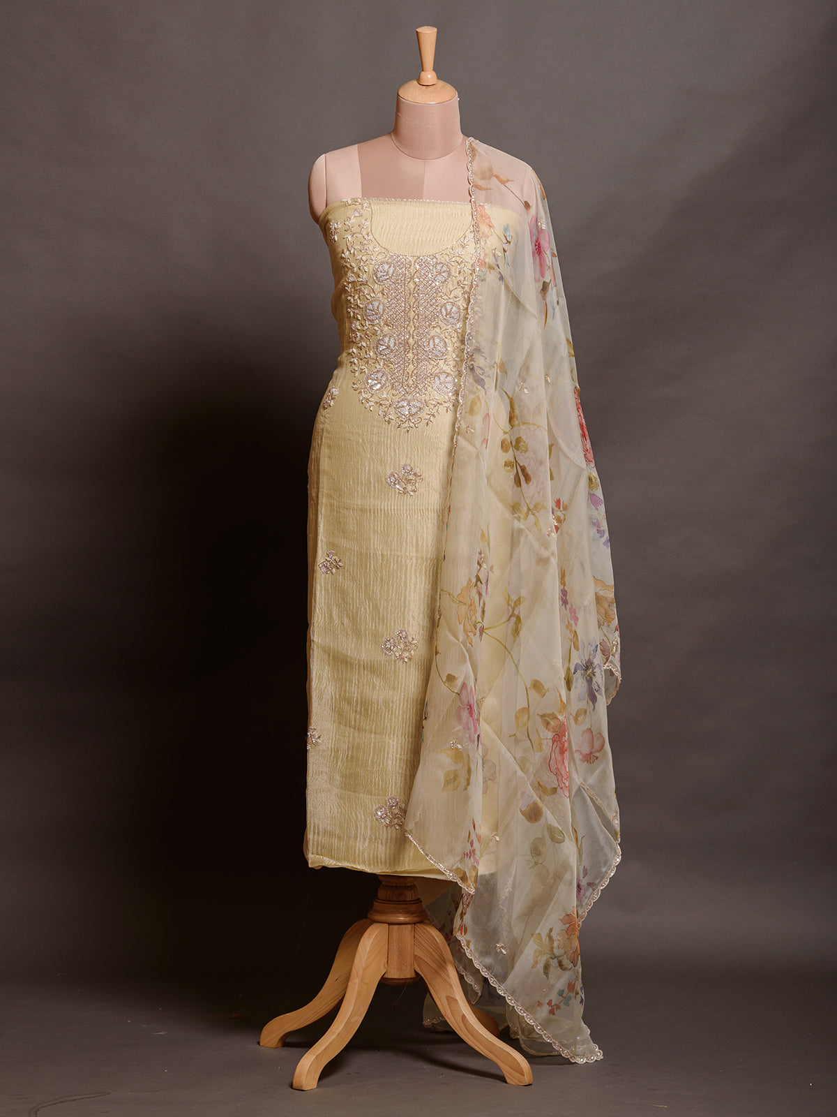 Off White Tissue Cutdana Kurta Set with Moti & Chir Work - Unstitched