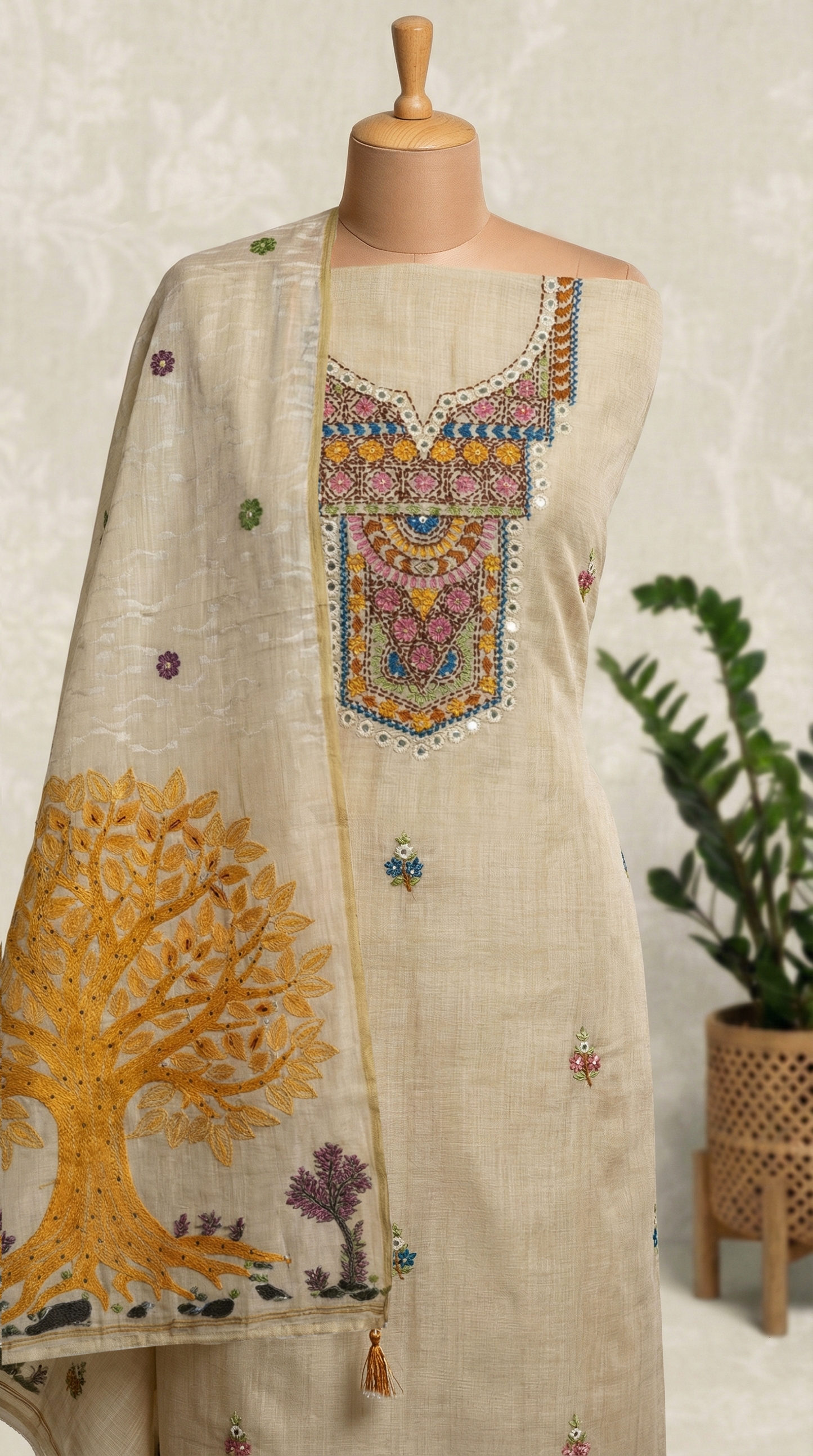 Resham Embroidery Beige &Tangy Orange chanderi Unstitched Suit Set