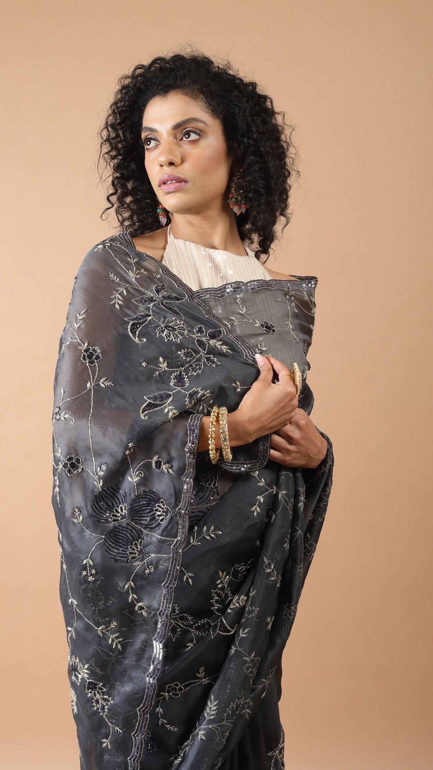 Midnight Grey Sequinned Saree with Thread Work