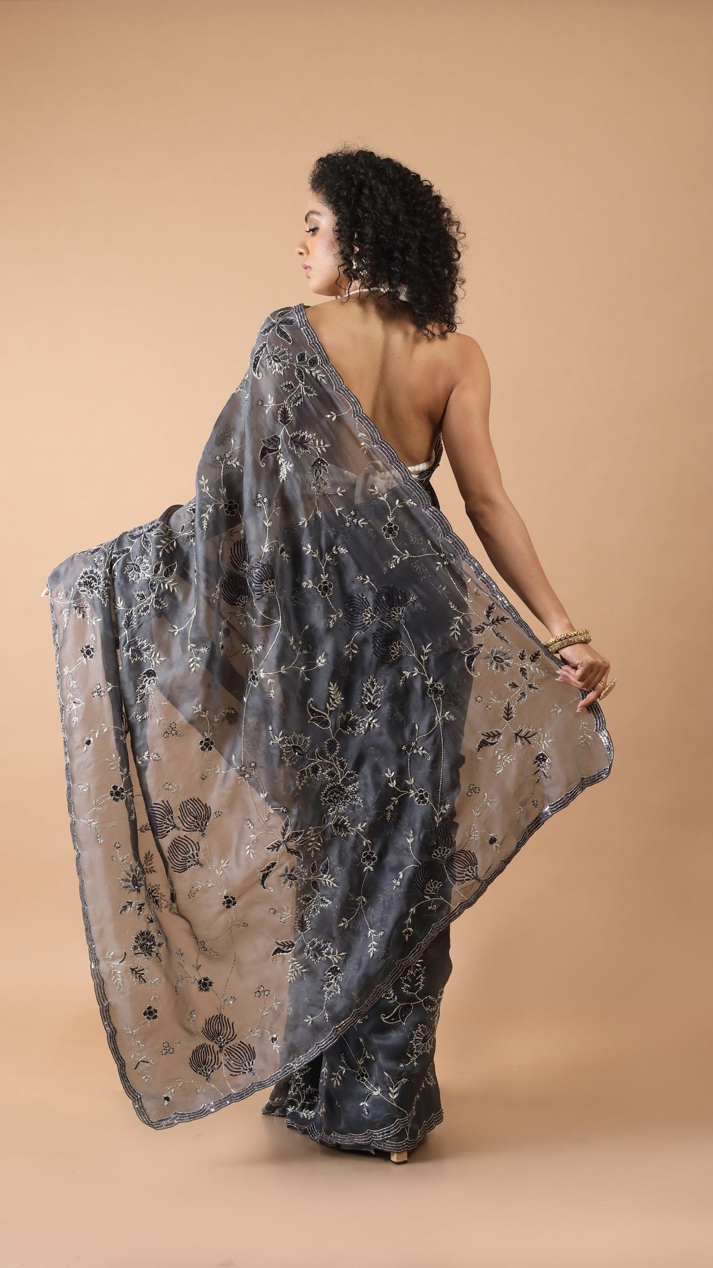 Midnight Grey Sequinned Saree with Thread Work