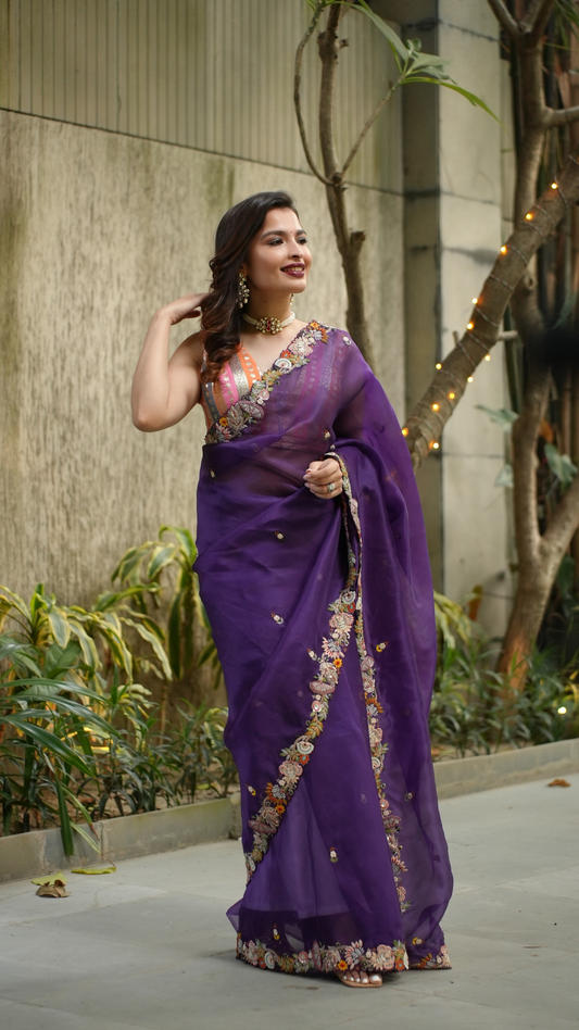 Wine Purple Resham Embroidered Saree worn by Saachi Bhasin