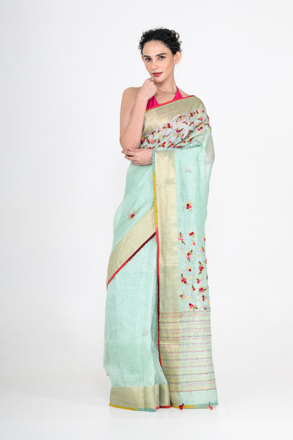 Light Green Pure Linen Saree with Thread Work