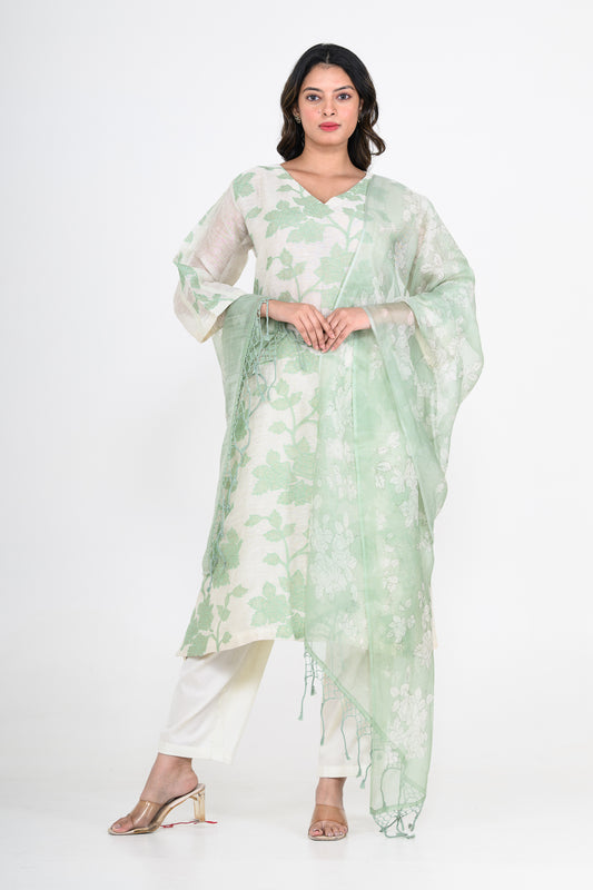 Green Printed Pure Mulmul Kurta Set with Appliques
