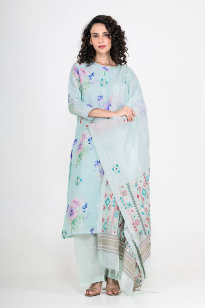Sky Blue Pure Linen Kurta Set with Katha & Mirror Highlight