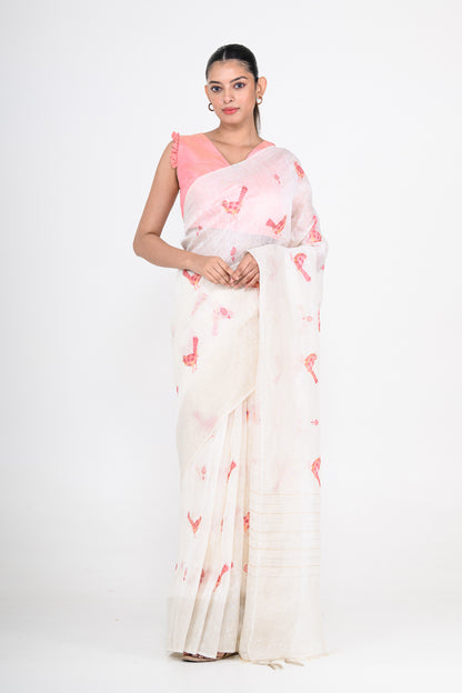 Parsi Embroidered White Pure Linen Saree