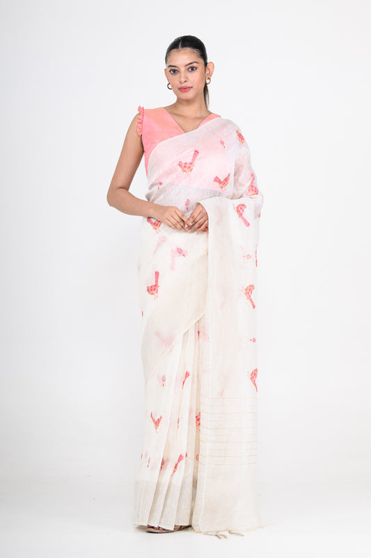 Parsi Embroidered White Pure Linen Saree