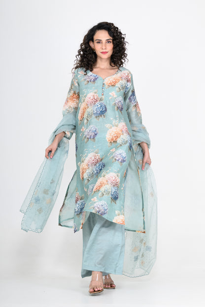 Powder Blue Printed Linen Kurta Set with Tikki & Cutdana Highlight