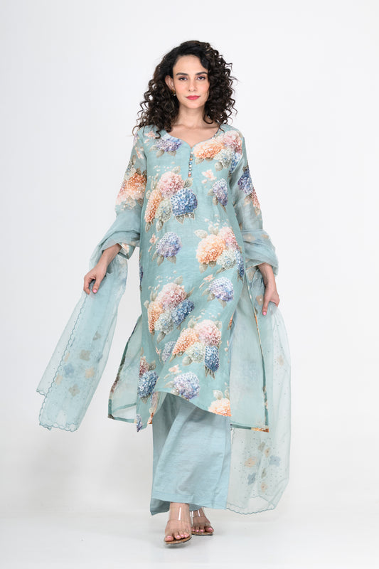 Powder Blue Printed Linen Kurta Set with Tikki & Cutdana Highlight