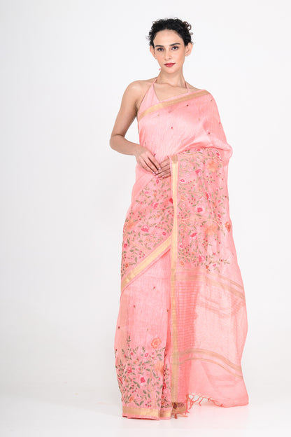 Parsi Embroidered Pink Pure Linen Saree