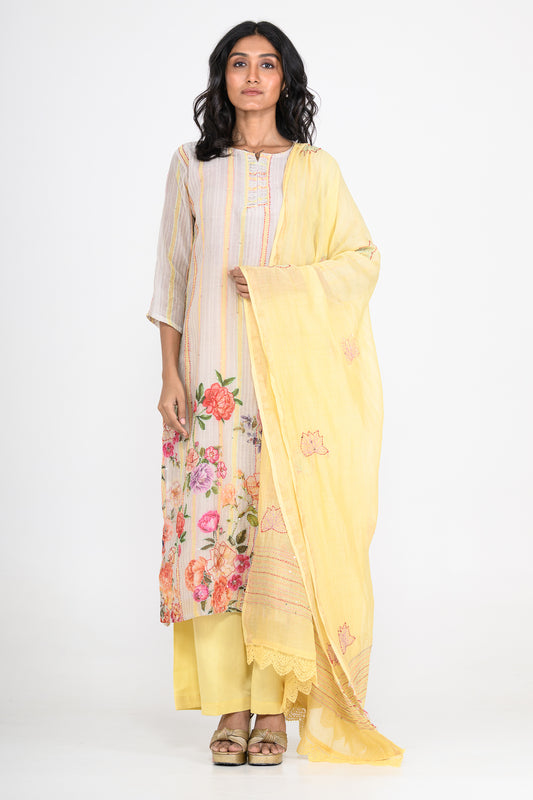 Yellow Printed Pure Mulmul Kurta Set & Dupatta with Katha Embroidery