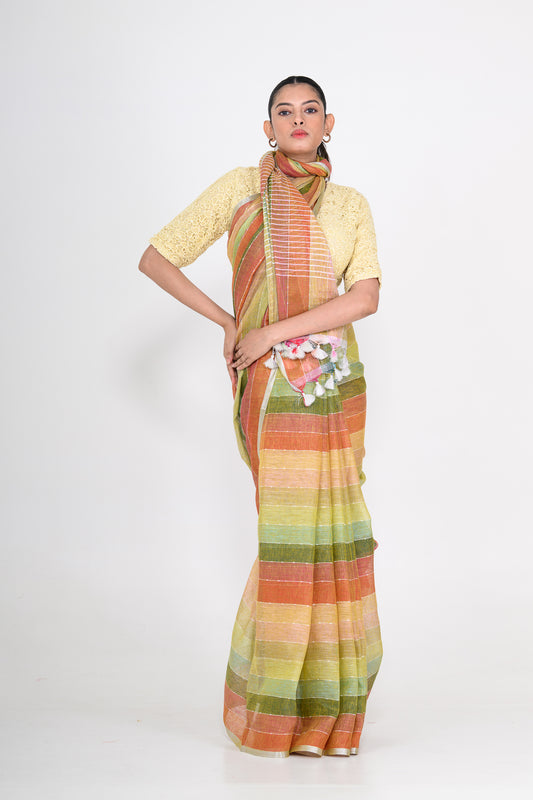 Multicolored Handwoven Striped Pure Linen Saree
