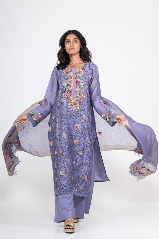 Resham Embroidered Deep Blue Pure Linen Kurta Set & Dupatta