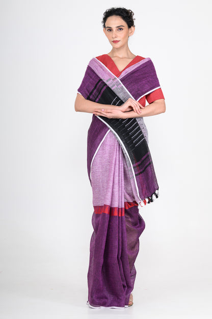 Purple Handwoven Striped Pure Linen Saree