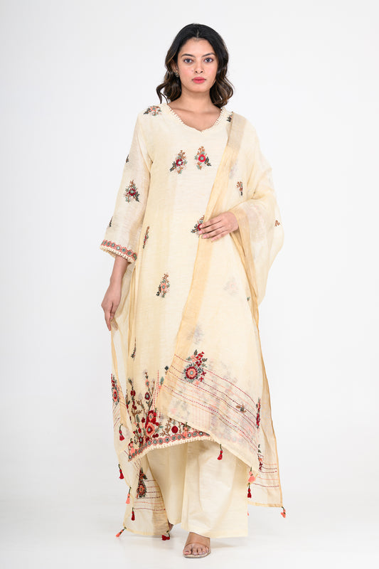 Pure Linen White Kurta Set & Dupatta with Thread Work