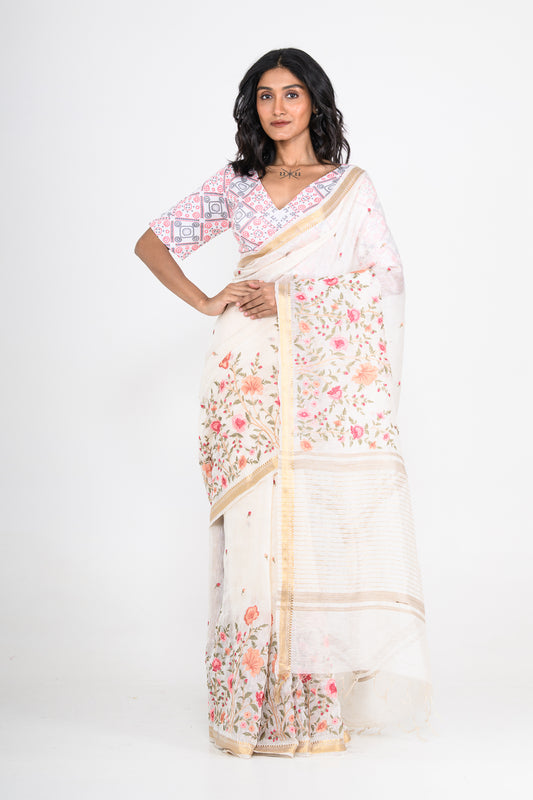 Parsi Embroidered Off White Pure Linen Saree