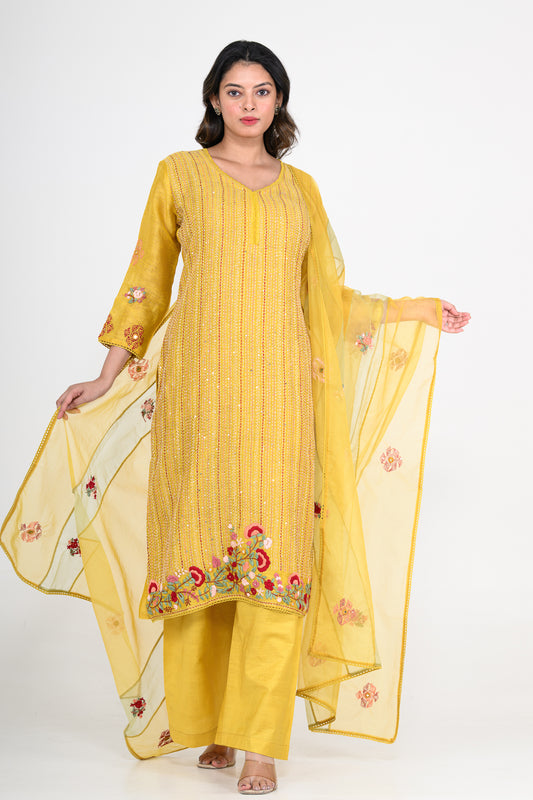Pure Linen Mustard Yellow Kurta Set & Dupatta with Katha Work