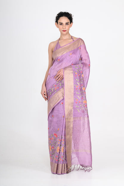 Parsi Embroidered Purple-Gold Pure Linen Saree