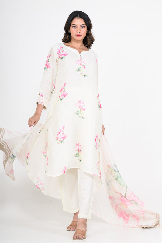 Floral Printed Pure Linen Off White Kurta Set with Dupatta
