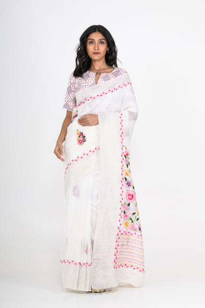 White Pure Linen Saree with Tikki & Thread Work
