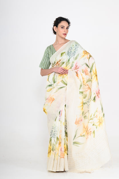 Floral Printed White Pure Linen Saree