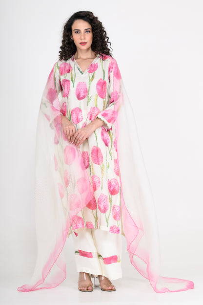 White & Pink Printed Organza Kurta Set with Hand Embroidery