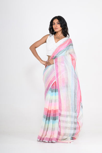 Multicolored Handwoven Striped Pure Linen Saree