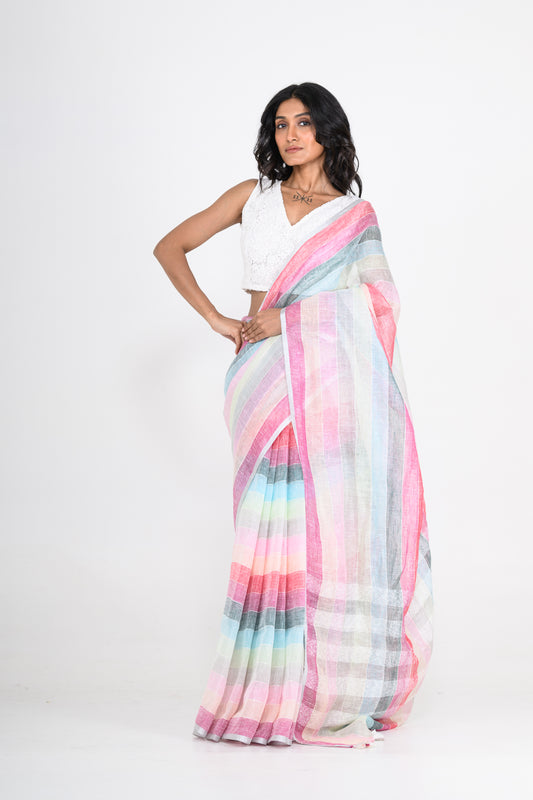 Multicolored Handwoven Striped Pure Linen Saree