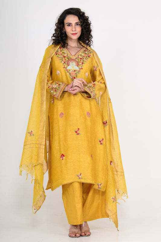 Mustard Yellow Kurta Set & Dupatta with Thread Work in Pure Linen