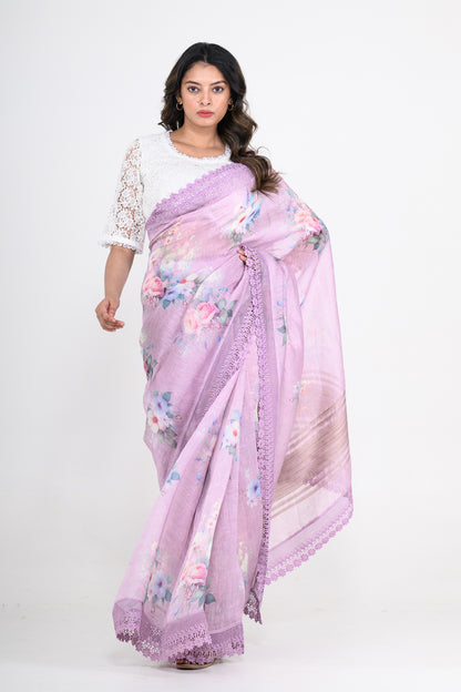 Lavender Purple Floral Printed Pure Linen Saree