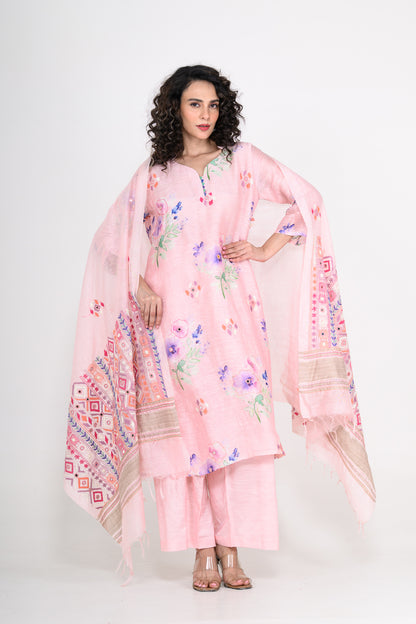 Light Pink Pure Linen Kurta Set with Katha & Mirror Highlight