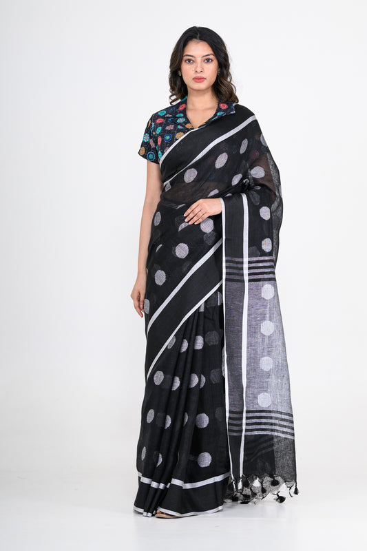 Black Pure Linen Polka Dot Handwoven Saree