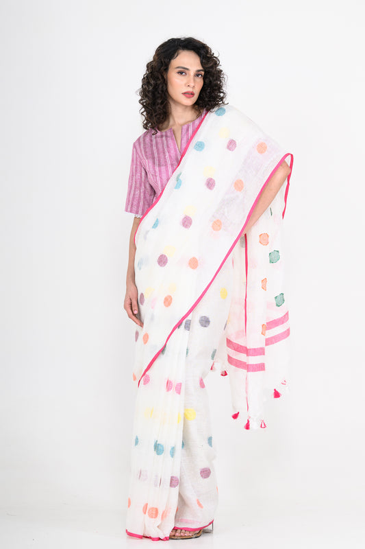 Off White Pure Linen Polka Dot Handwoven Saree