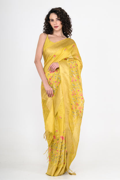 Sunshine Yellow Parsi Embroidered Pure Linen Saree