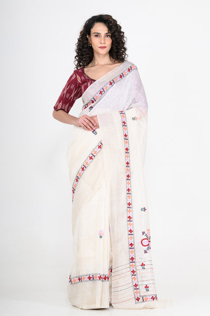Pure Linen White Saree with Thread Work