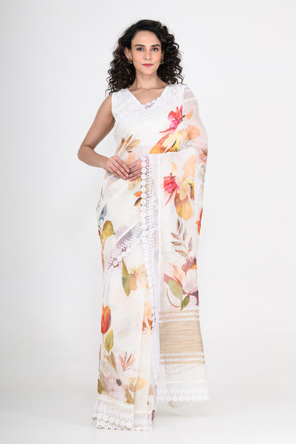 Graceful Off White Floral Printed Pure Linen Saree