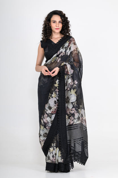 Floral Printed Pure Linen Black Saree