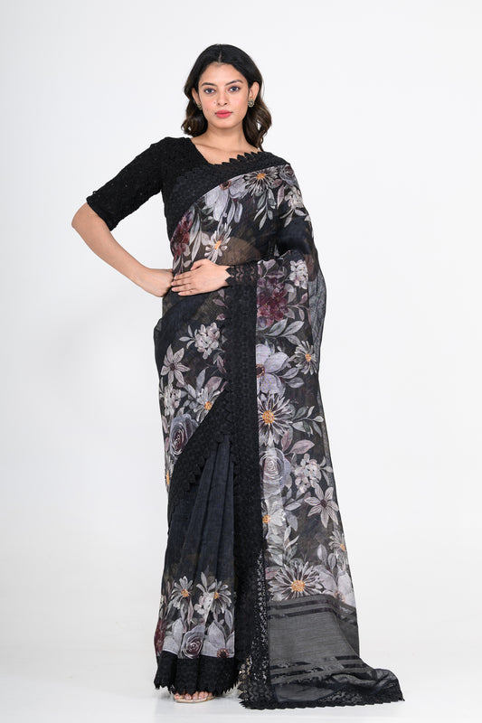 Floral Printed Pure Linen Black Saree with Lace Work