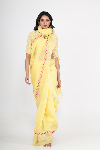 Yellow Pure Linen Saree with Tikki & Thread Work