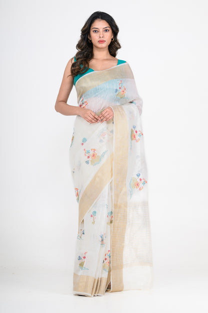 White-Gold Dual Tone Floral Printed Pure Linen Saree