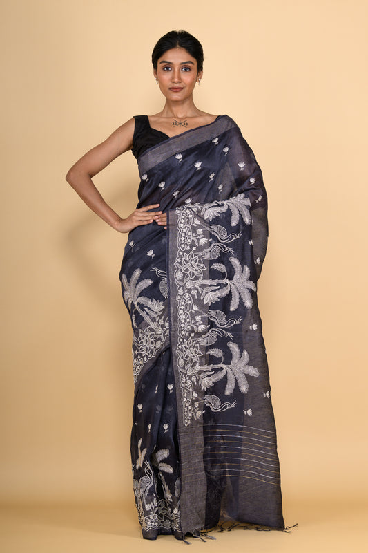 Deep Blue Hand Embroidered Pure Linen Saree