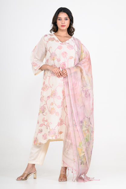 White-Purple Pure Mulmul Printed Kurta Set with Appliques