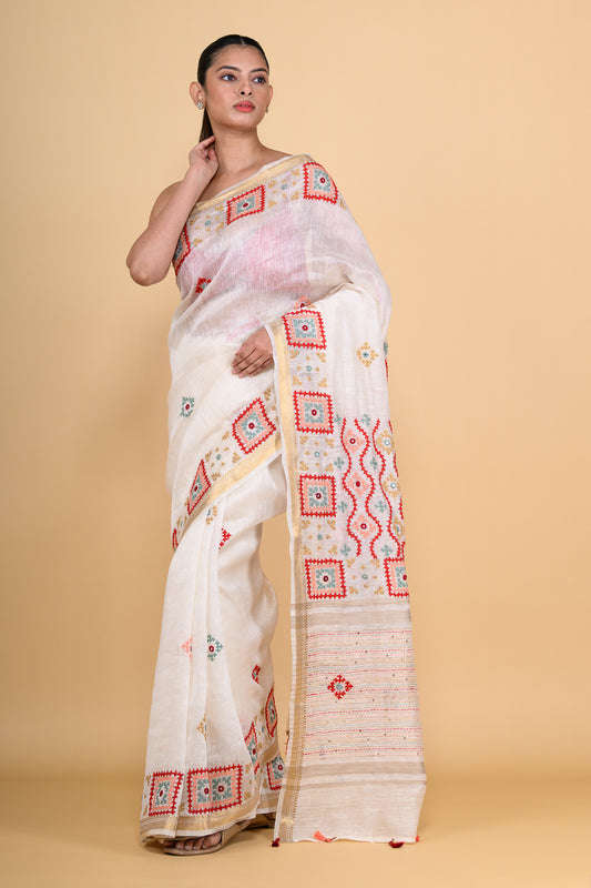 Pure Linen White Saree Highlighted with Tikki & Thread Work