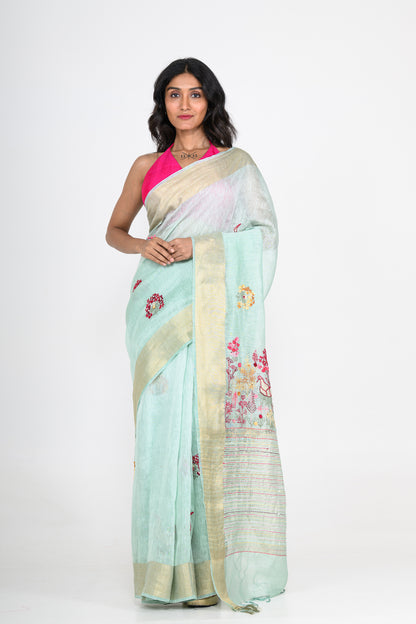 Light Green Pure Linen Saree with Tikki & Thread Work