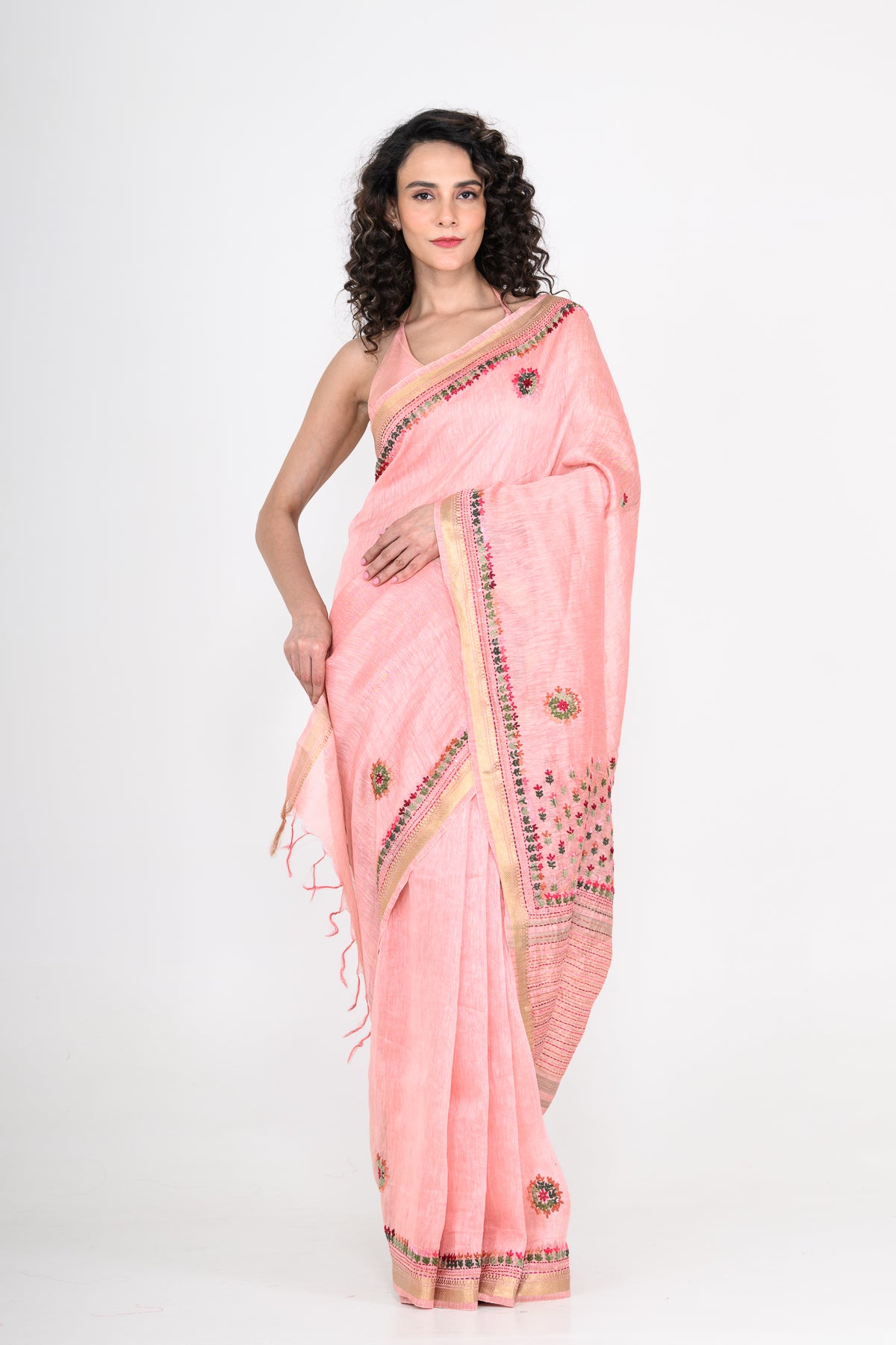 Dusty Pink Pure Linen Saree with Katha & Tikki Work
