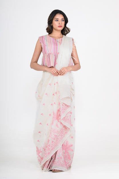White-Pink Dual Tone Printed Pure Linen Saree