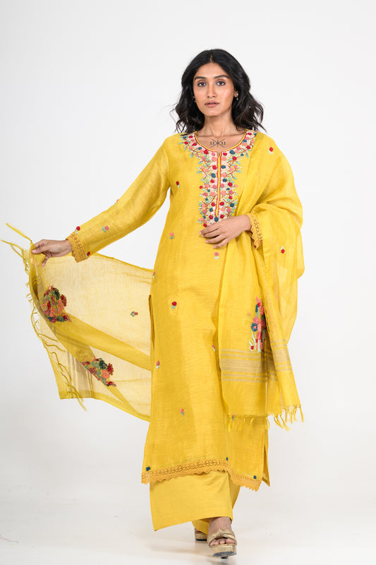 Pure Linen Mustard Yellow Kurta Set & Dupatta with Thread Work