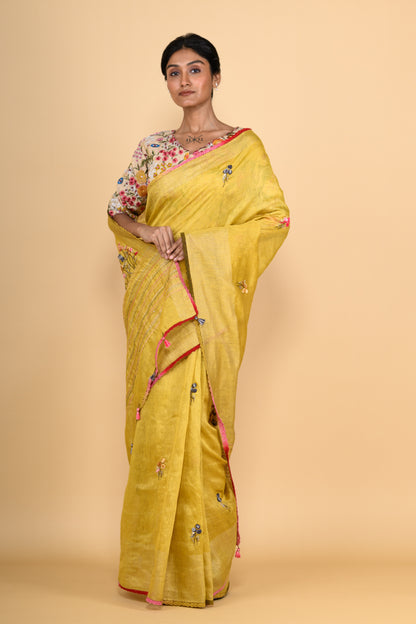 Topaz Yellow Pure Linen Saree with Thread Work