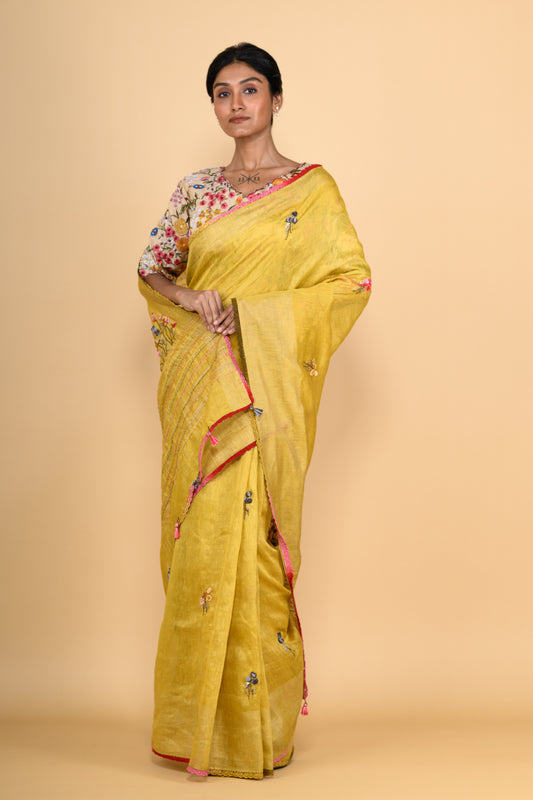Topaz Yellow Pure Linen Saree with Thread Work